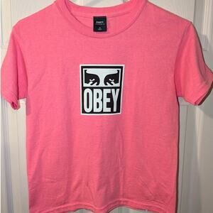 Obey T Shirt Girls Size Small Pink Neon Screen Print Logo Skater Short Sleeve